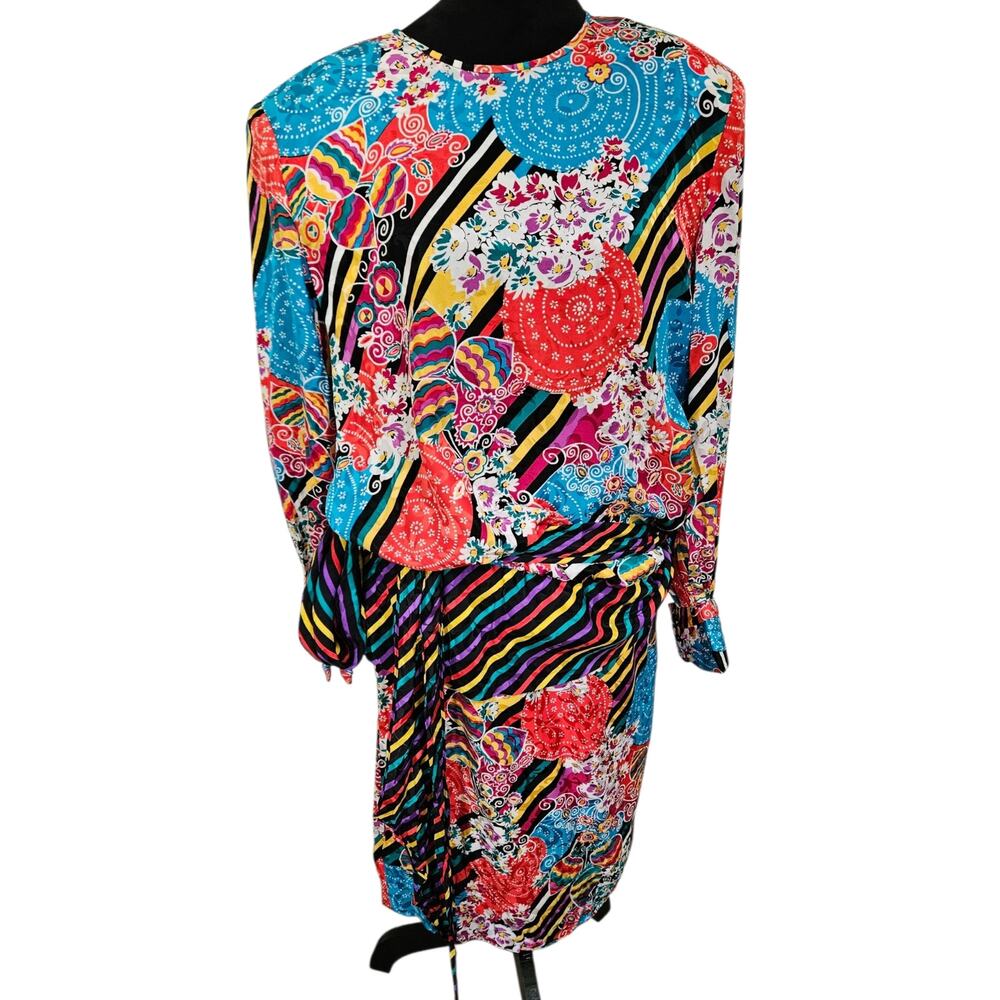 Vintage Julie Francis 100% Silk Dress 12 Maximalist 80s 90 Floral Stripe Size 12